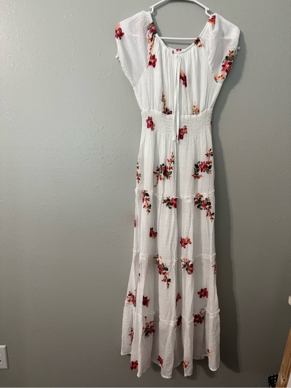 White Floral Maxi Dress with Pink & Red Embroidery